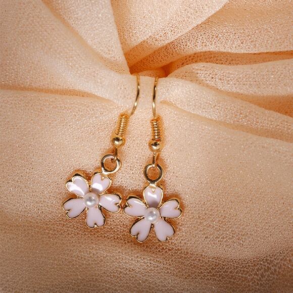 Pink Cherry Floral Blossom Pearl Dangly Earrings Boho Hook Elegant Timeless - Picture 1 of 5
